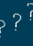 Five white question marks on blue background