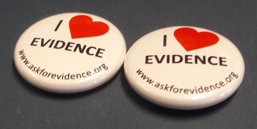 Sense about Science badges saying I love evidence