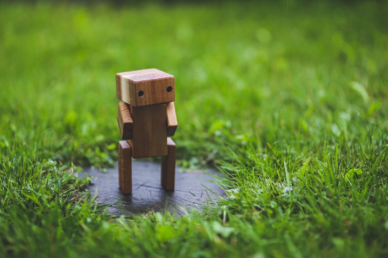 Wooden robot standing on grass