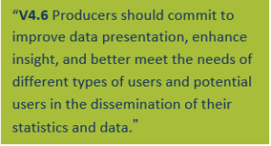 “V4.6 Producers should commit to improve data presentation, enhance insight, and better meet the needs of different types of users and potential users in the dissemination of their statistics and data.”