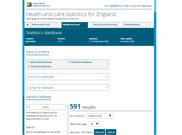 Screenshot of ONS health statiatics tool