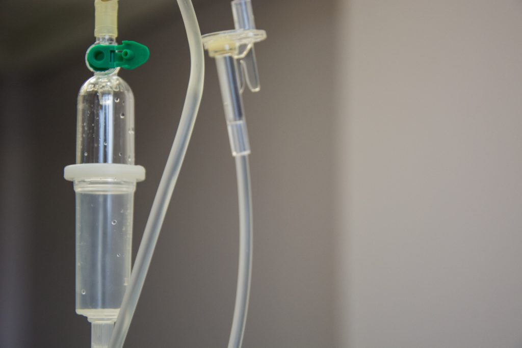 A photo of a hospital bedside drip
