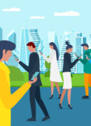 Crowd of young men and women walking on future city park using smartphones. Internet social network addiction concept. Millenial influencer group holding mobile gadgets on parkland. Vector illustration