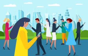 Crowd of young men and women walking on future city park using smartphones. Internet social network addiction concept. Millenial influencer group holding mobile gadgets on parkland. Vector illustration