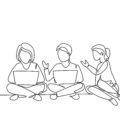 Single continuous line drawing of three students studying with laptops and sitting on the floor together.