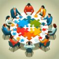 a group of people sitting around a round table working together to complete a jigsaw