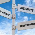 a picture of three signposts with the lables "transparency, integrity and trustworthiness"