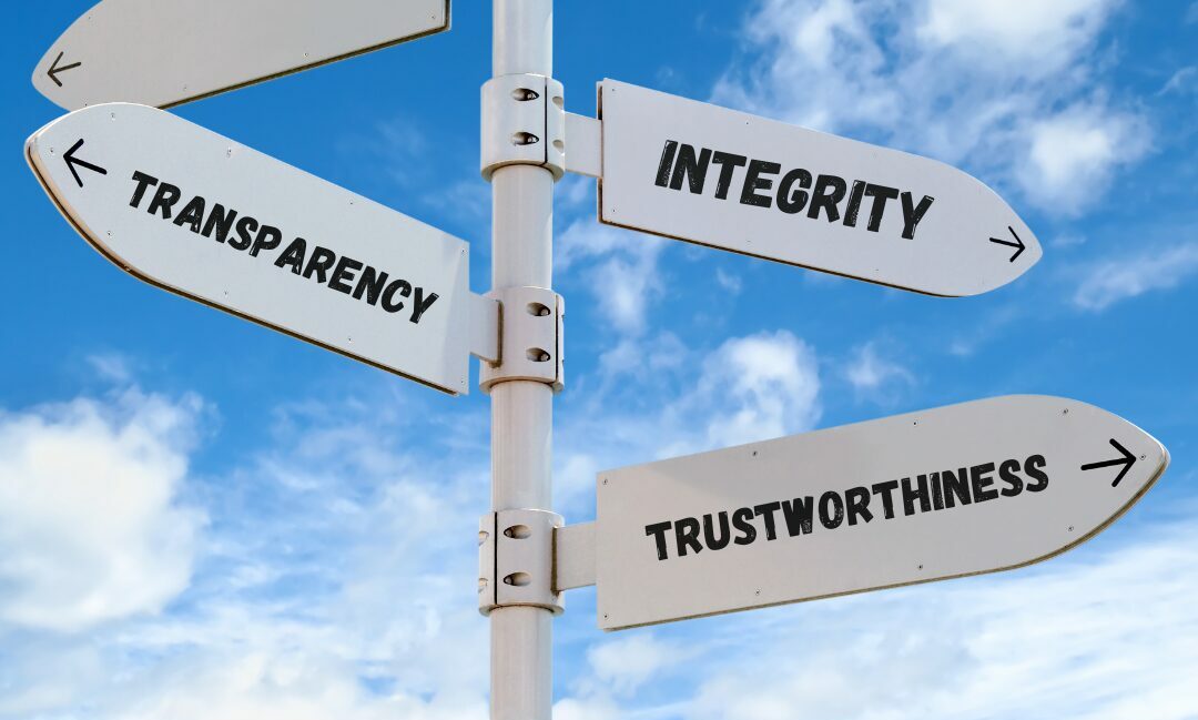 a picture of three signposts with the lables "transparency, integrity and trustworthiness"