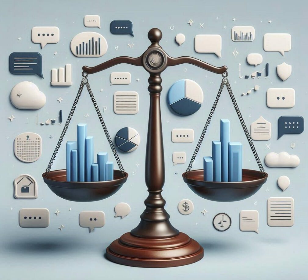 judgement scales with balanced statistics and speech bubbles