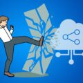 a cartoon man kicking through a barrier to reach a data sharing cloud