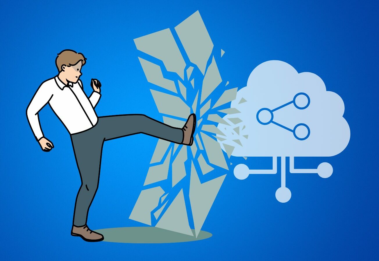 a cartoon man kicking through a barrier to reach a data sharing cloud