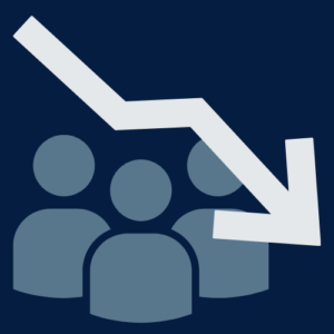 three cartoon people with a downward pointing arrow across them