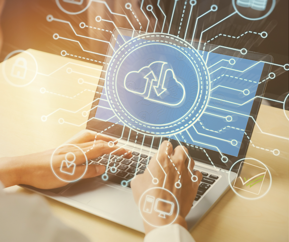 a laptop screen with a cloud and network of lines appearing on screen