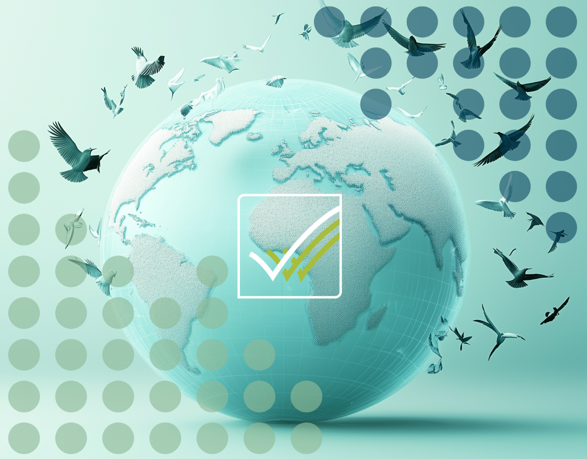 Planet earth with birds migrating around it. Dots representing data over the top
