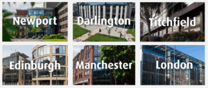 6 location photos of office buildings in a collage. London, Edinburgh, Manchester, Darlington, Newport, Titchfield