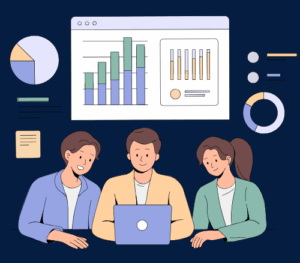 three cartoon people working with statistics