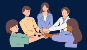 a circle of cartoon people with their hands in the middle