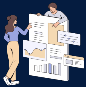 two cartoon people working on a giant board of statistics