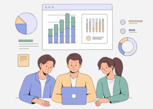 a cartoon of people working with statistics around a desk