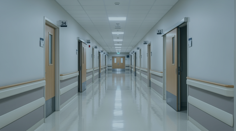 A hospital corridor with blue filter