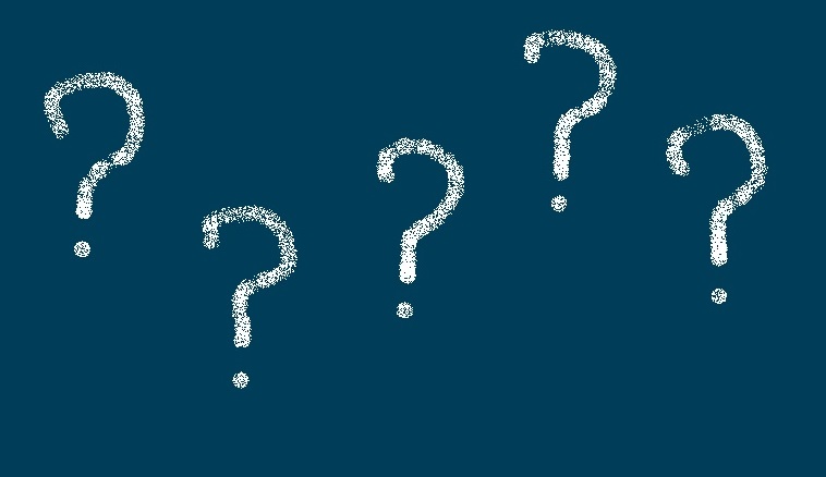 Five white question marks on blue background