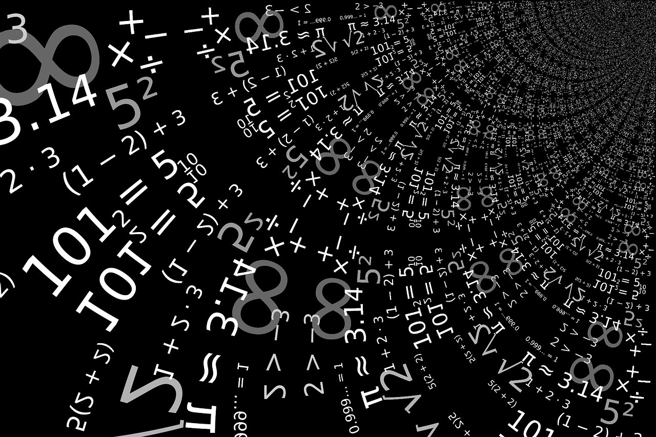 White numerical symbols on a black background