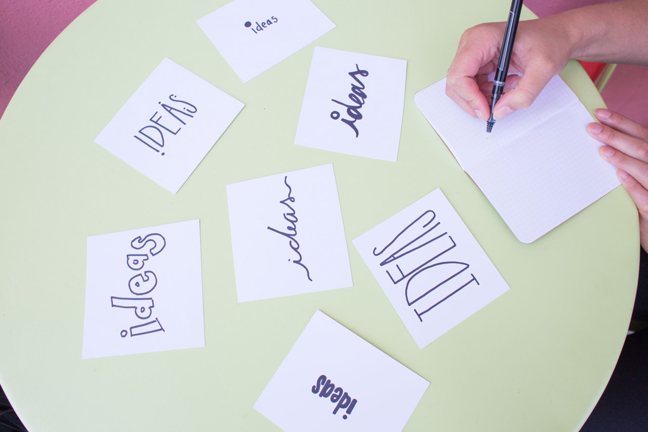 The word ideas written in different fonts