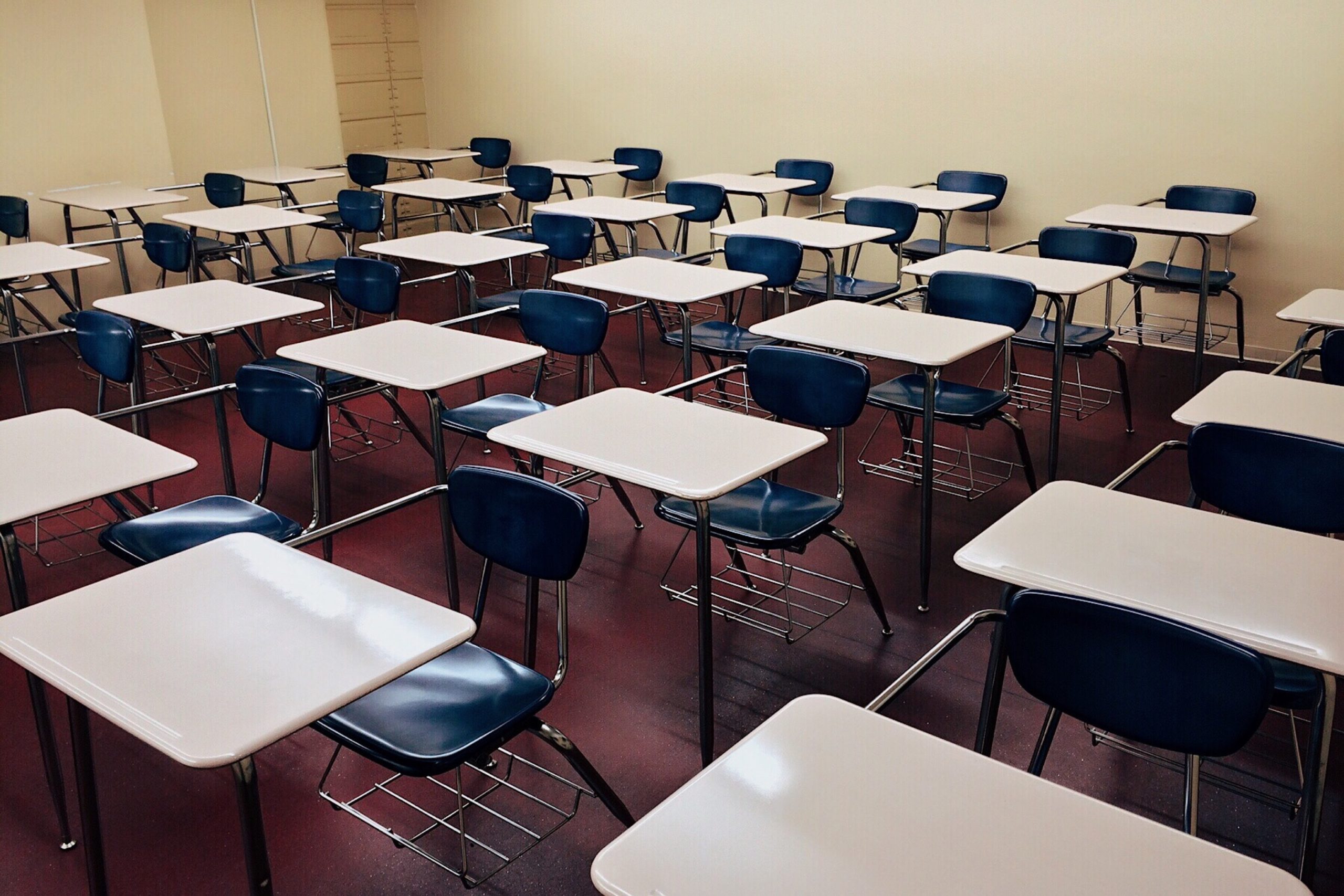 Desks in an exam hall at a school