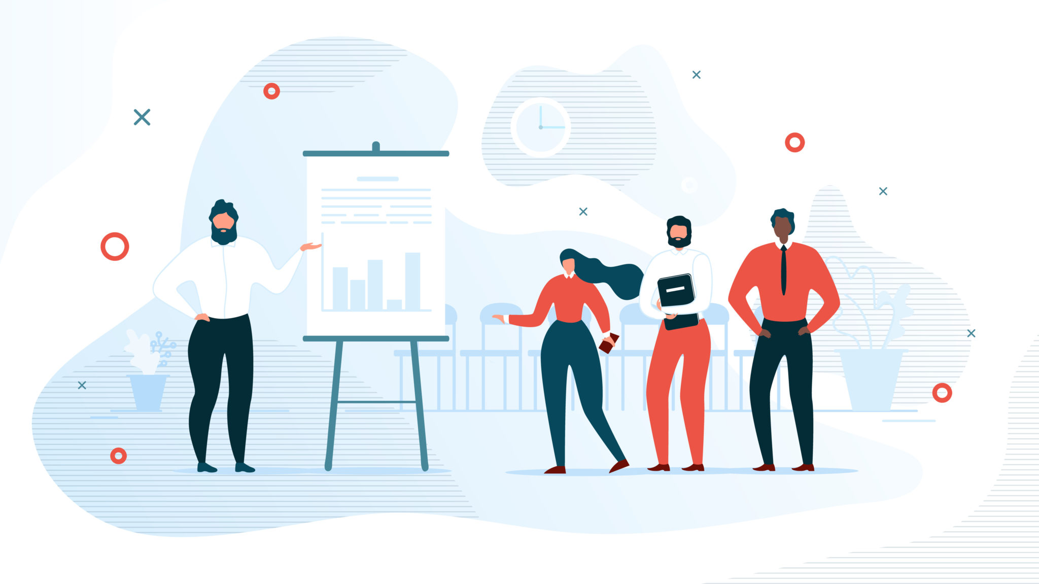 Businessman Showing Graphs on Flip Chart for Colleagues in Office Illustration