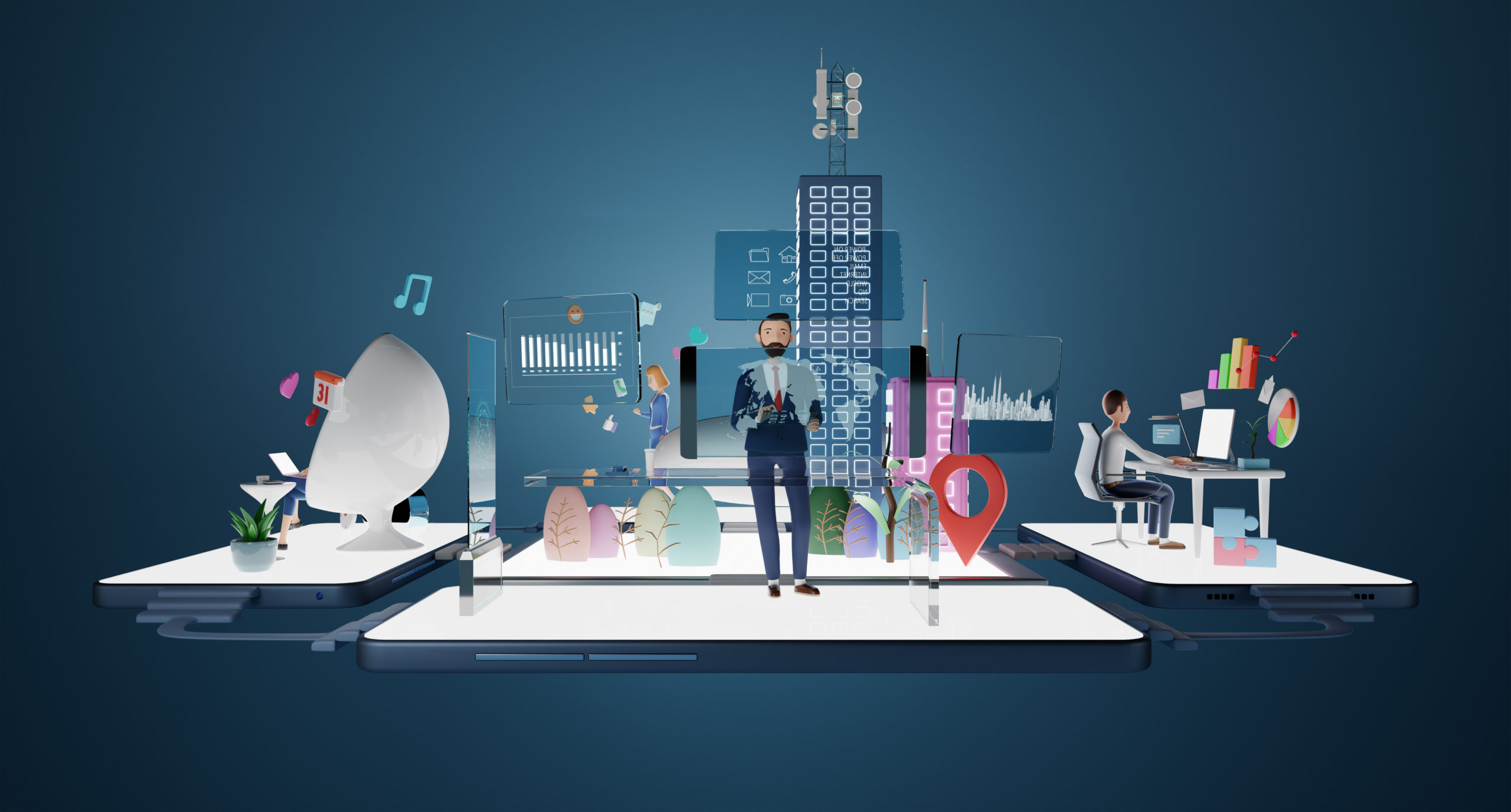 Businessman in suit, characters working in virtual office with smart data platform