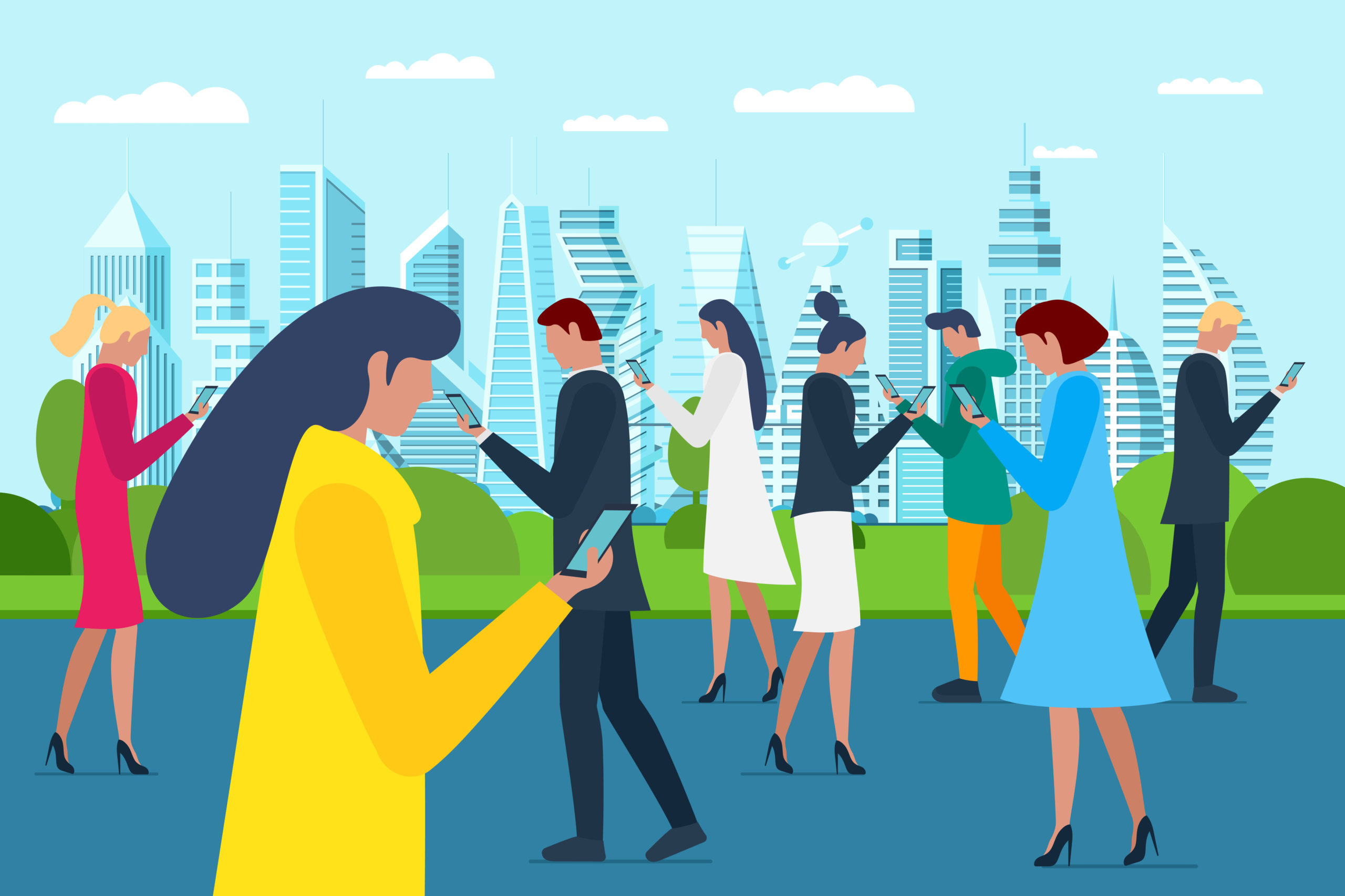 Crowd of young men and women walking on future city park using smartphones. Internet social network addiction concept. Millenial influencer group holding mobile gadgets on parkland. Vector illustration
