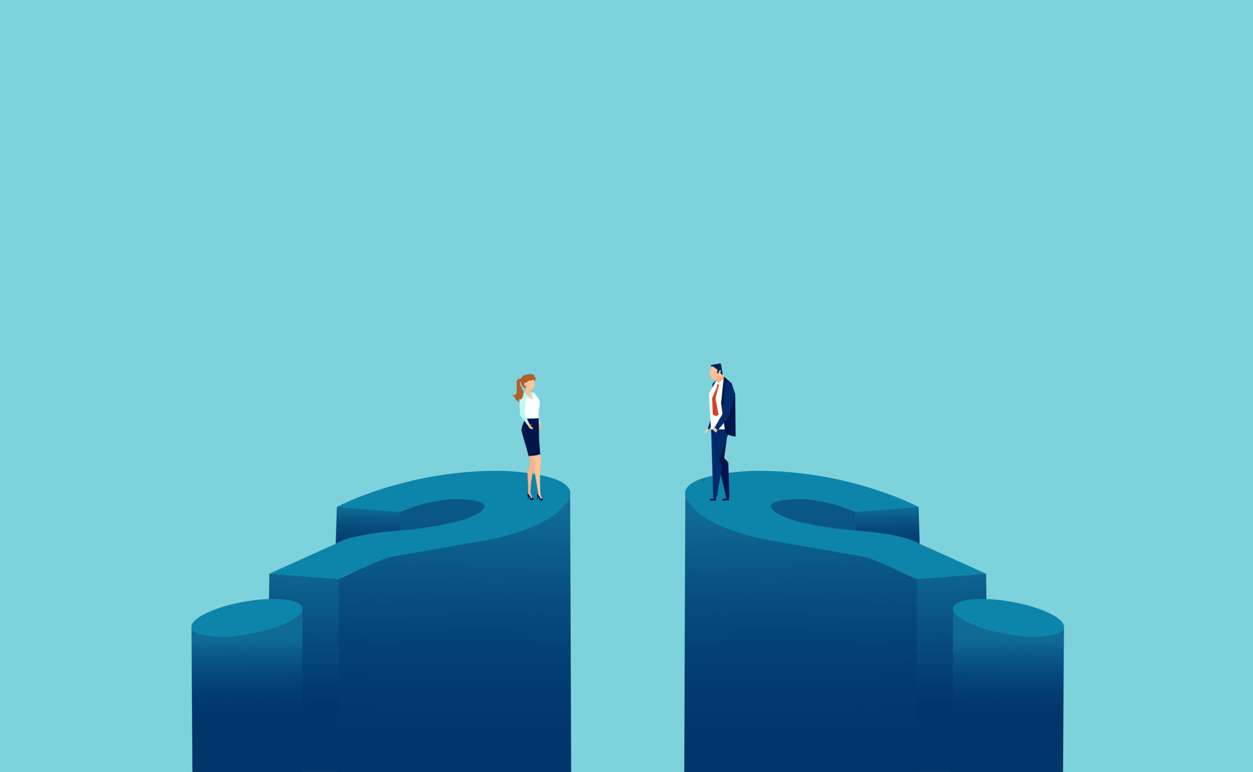 Vector of a business man and businesswoman standing on big question marks and looking at each other