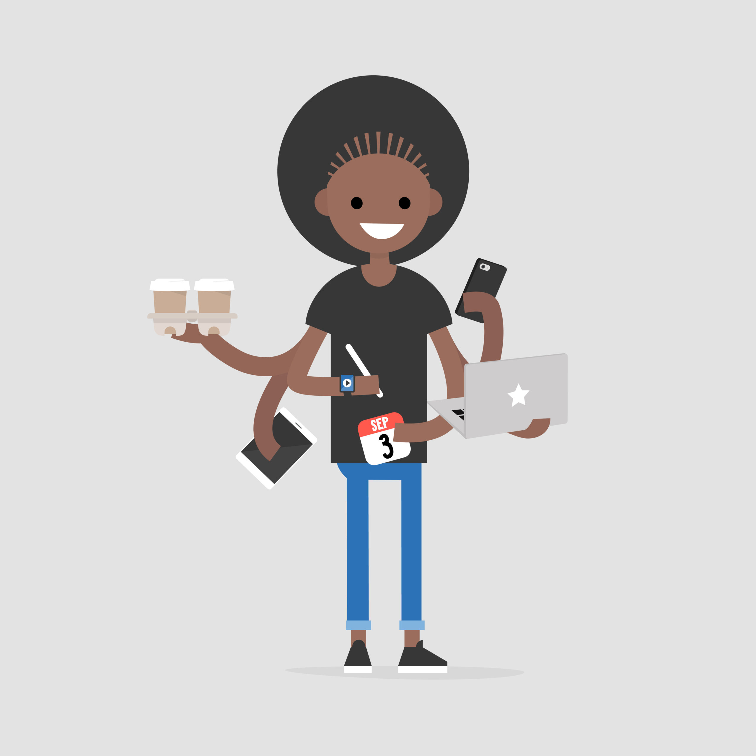 Illustration of an intern multitasking.
