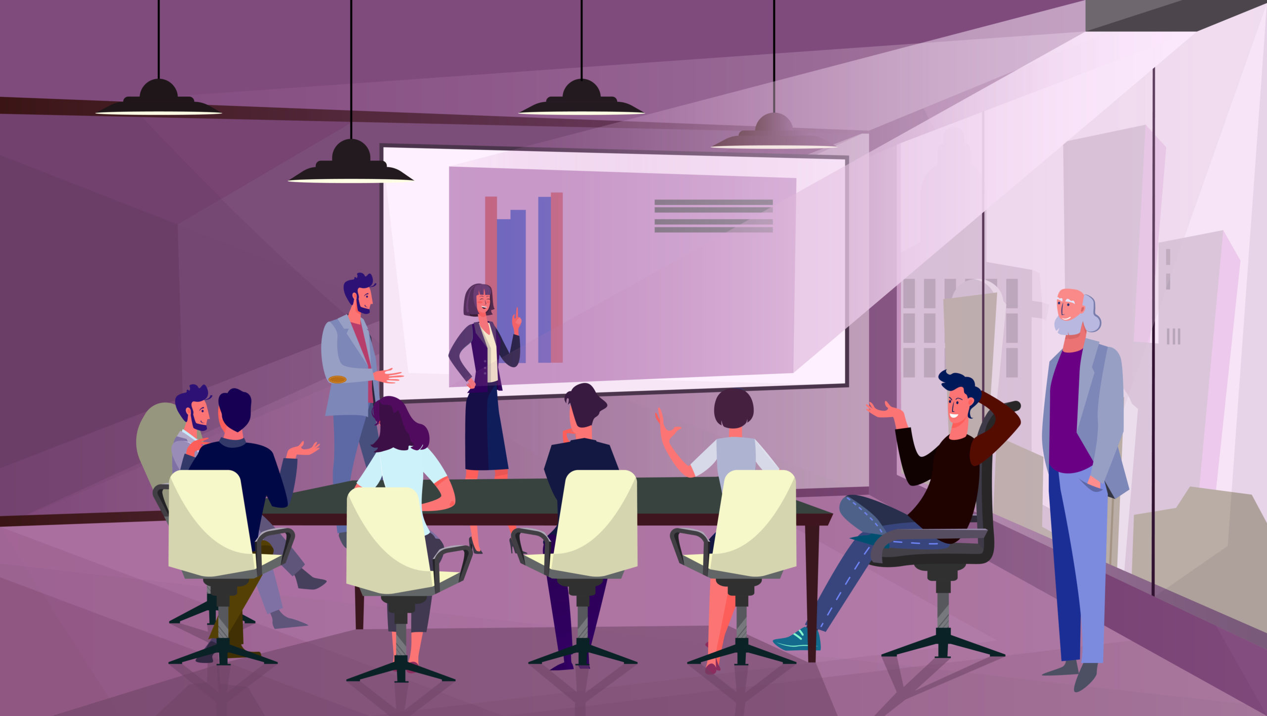 Illustration of a group of people in a meeting being shown a presentation featuring a large graph