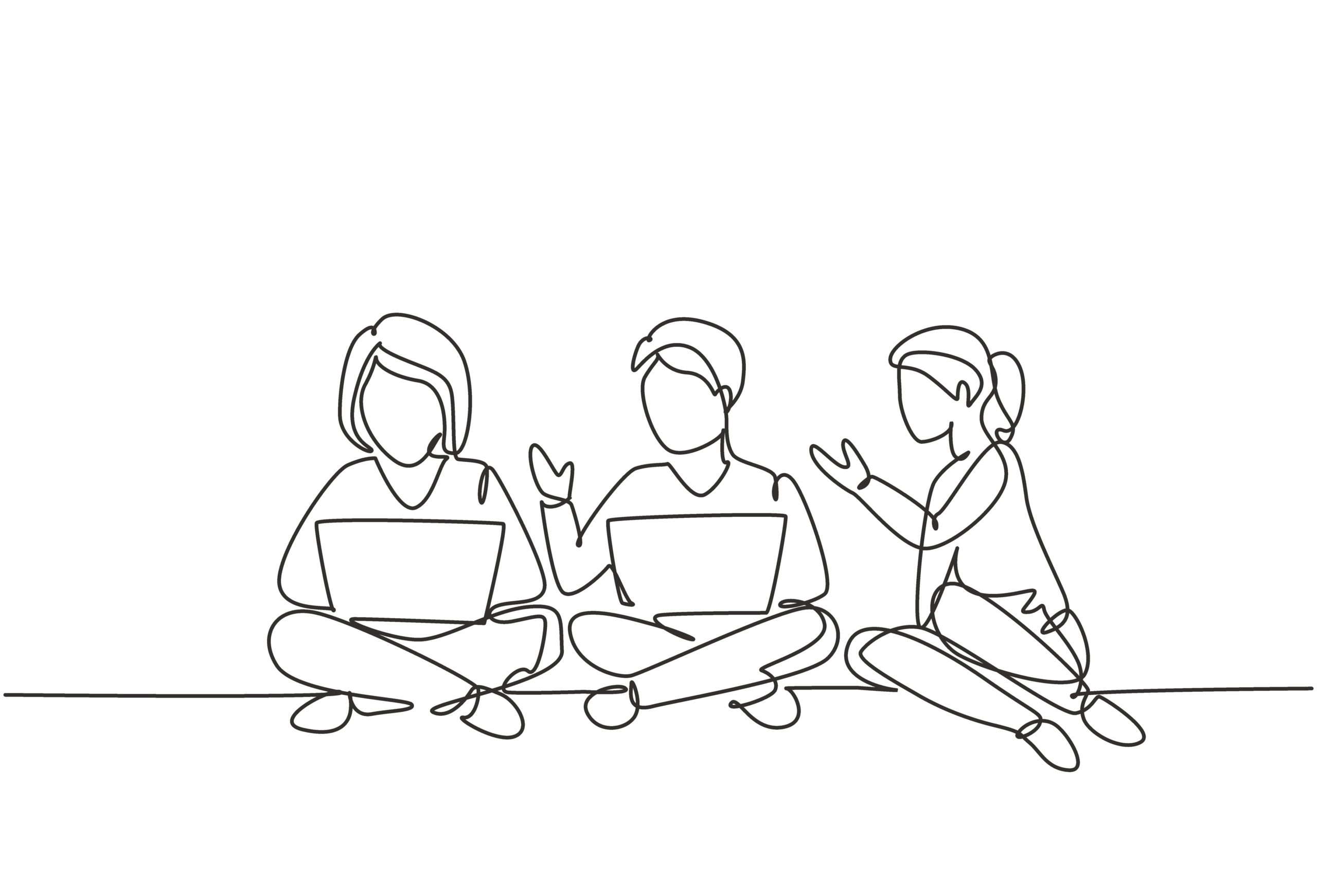 Single continuous line drawing of three students studying with laptops and sitting on the floor together.