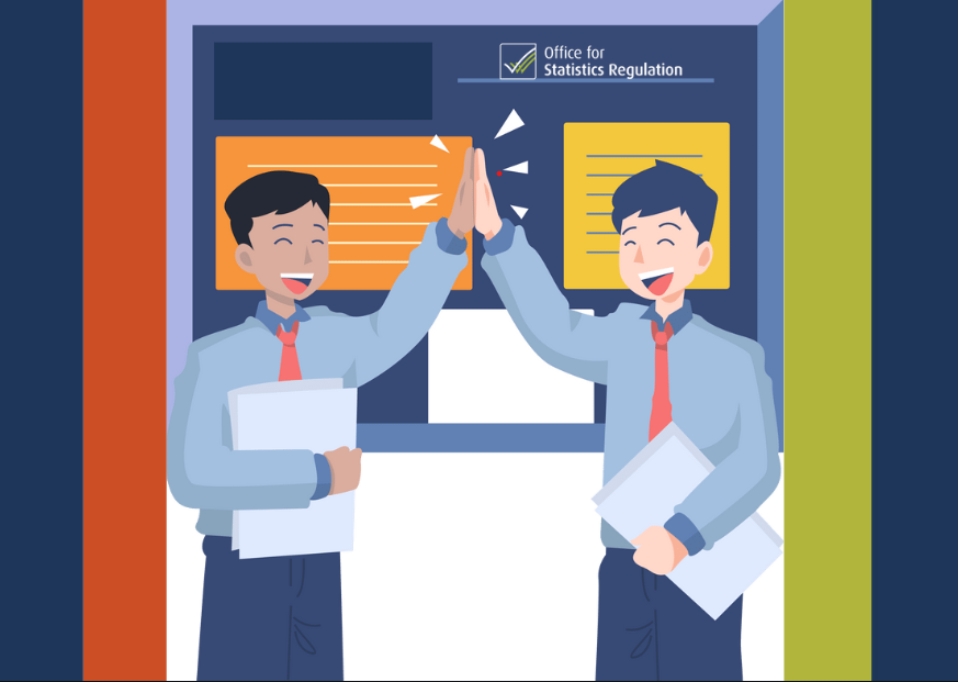 Two people high five in an office