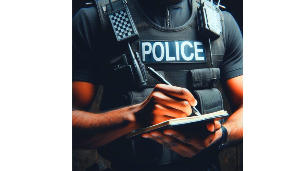 a police officers hands writing in a note book recording a statement