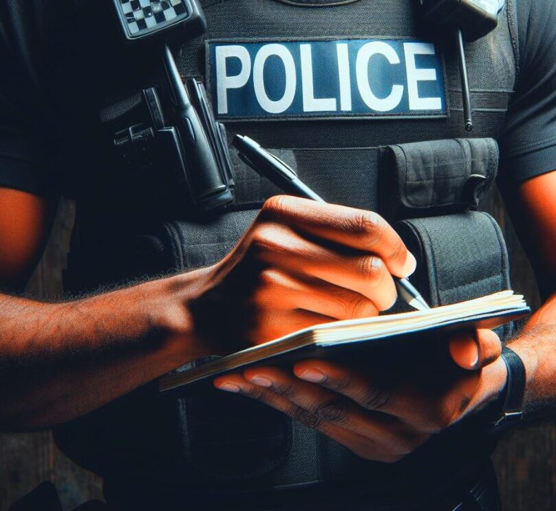 a police officers hands writing in a note book recording a statement