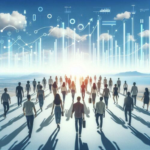 a crowd of people walking towards the horizon that is filled with statistics floating in the sky