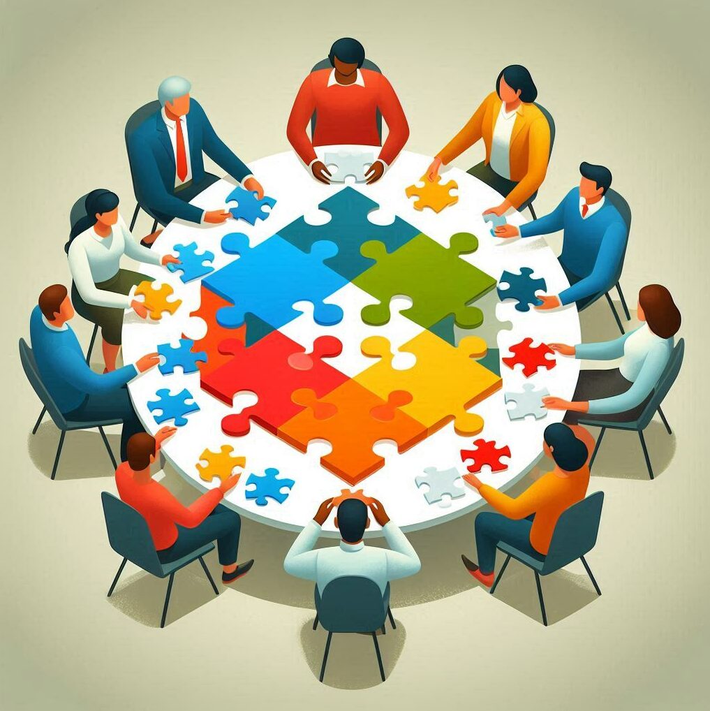 a group of people sitting around a round table working together to complete a jigsaw