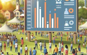Image of a crowd of people looking up to a screen showing statistics