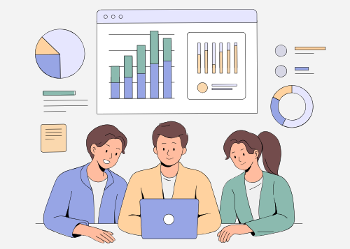 a cartoon of people working with statistics around a desk
