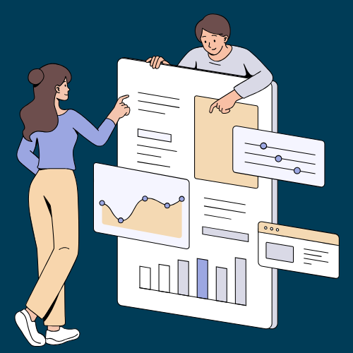 Two cartoon people working together on a giant board with statistics.
