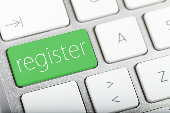Decorative image of a keyboard and text "register"